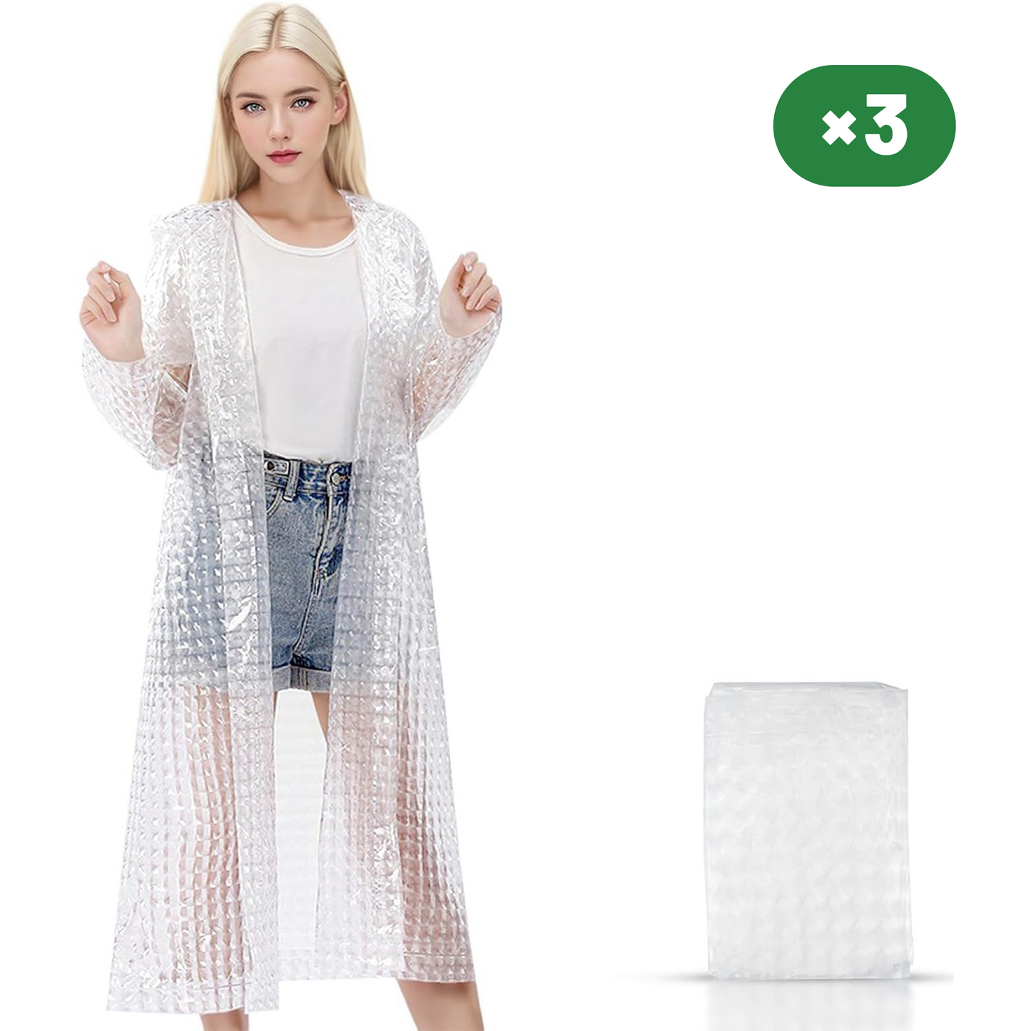 Thickened EVA Rain Ponchos for Adults Reusable with Drawstring and Buttons Crystal 3 Units
