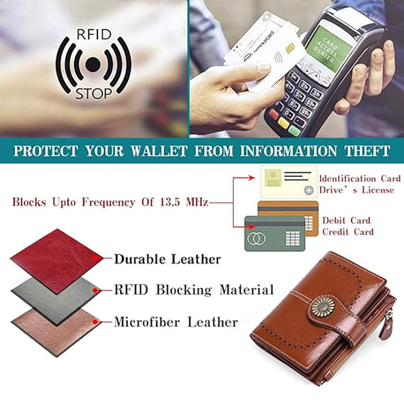 Small Womens Wallet Leather Bifold Card Holder RFID Blocking, Brown