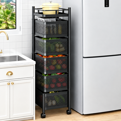 5-Tier 360° Rotating Kitchen Storage Rack, Rolling Carbon Steel Vegetable Fruit Organizer Cart with Wheels