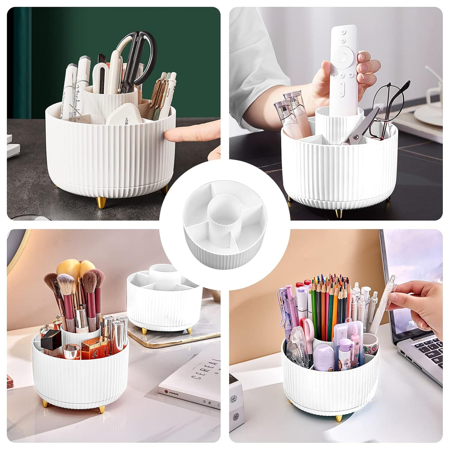 360° Rotating Makeup Brush Organizer, White
