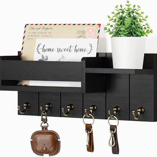 Decorative Key Rack and Mail Organizer with 6 Key Hooks (3 Color Options)