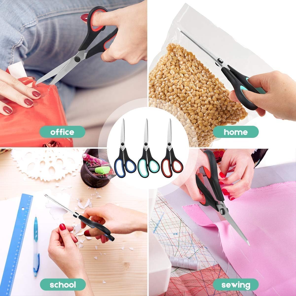 3-Pack 8.5" Heavy Duty Scissors with Ultra Sharp Blades and Comfort Grip Handles