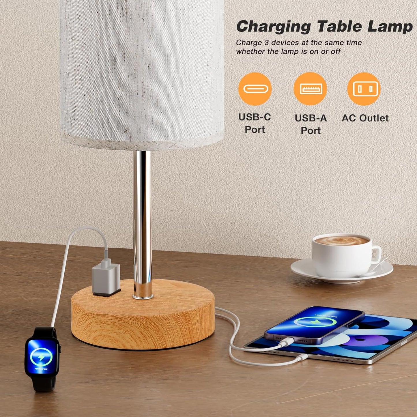 Touch Table Lamp USB A + C Charging and AC Outlet - LED Bulb Included