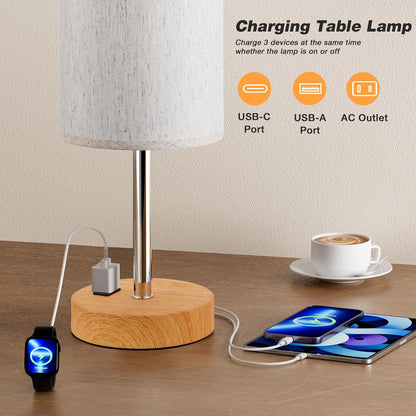 Touch Table Lamp USB A + C Charging and AC Outlet - LED Bulb Included