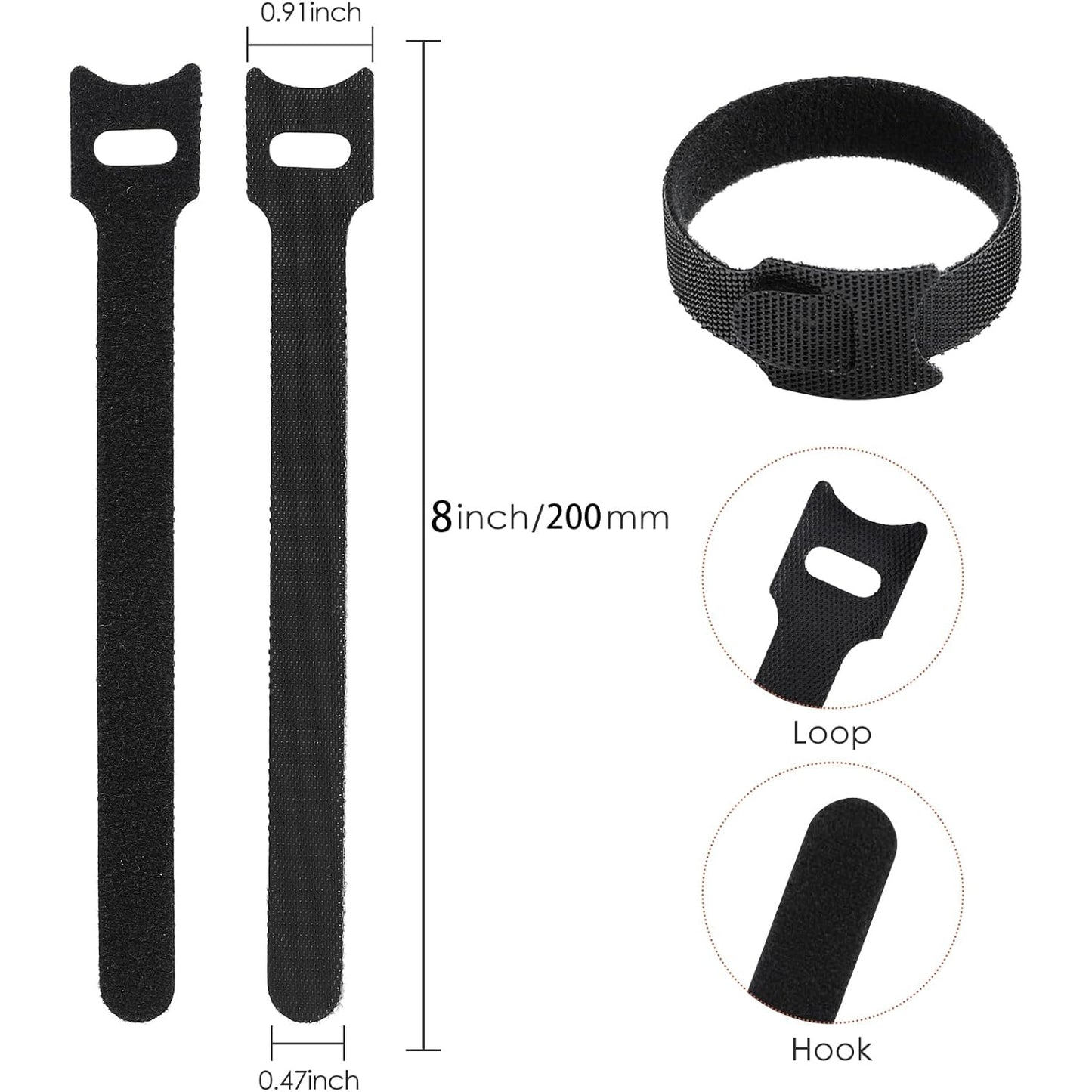 Reusable Cable Ties 8Inch 100 Units, Black
