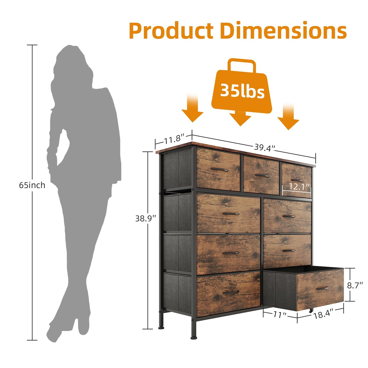 Dresser for Bedroom with 9 Drawers, Brown