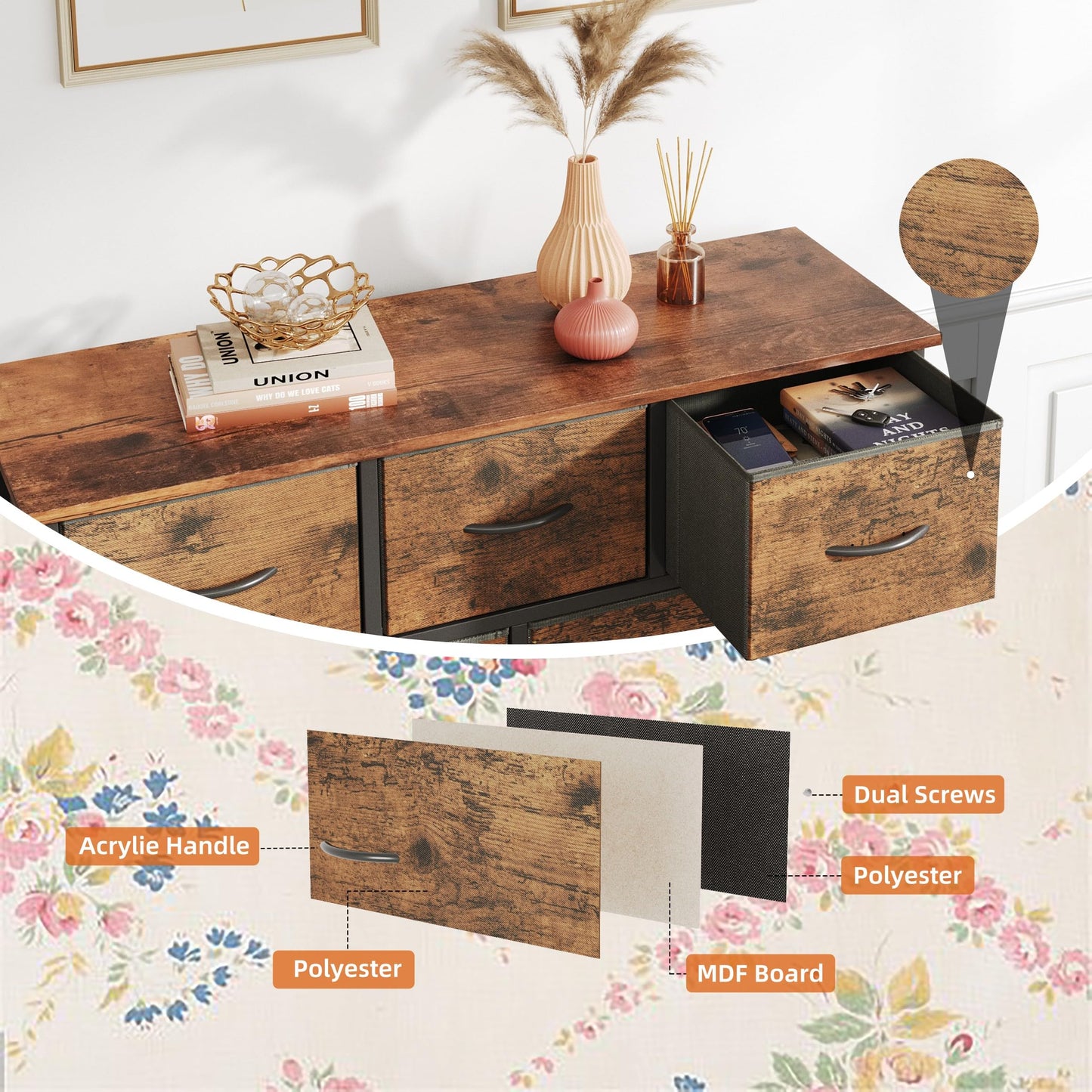 Dresser for Bedroom with 9 Drawers, Brown