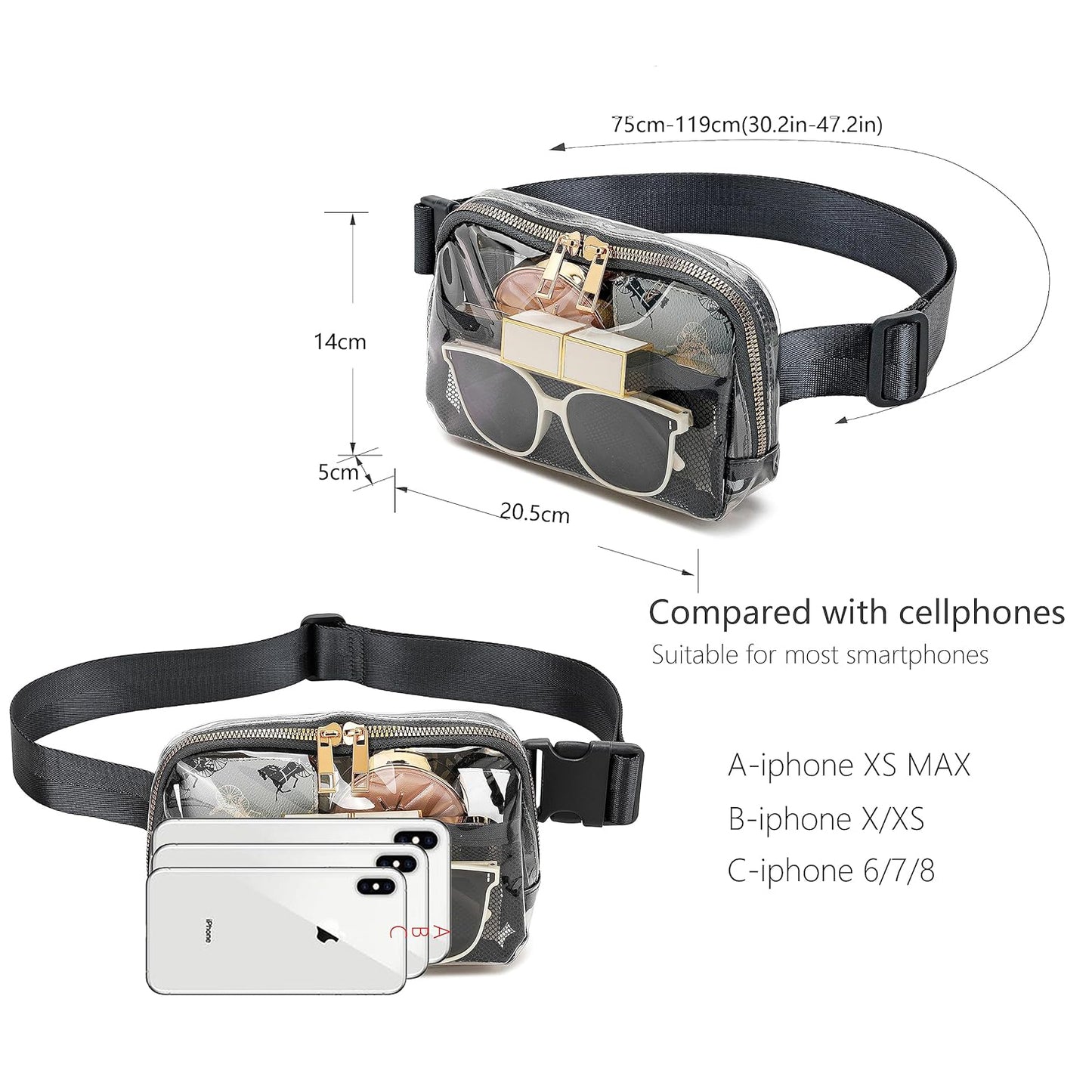 Clear Belt Bag with Adjustable Strap, Black