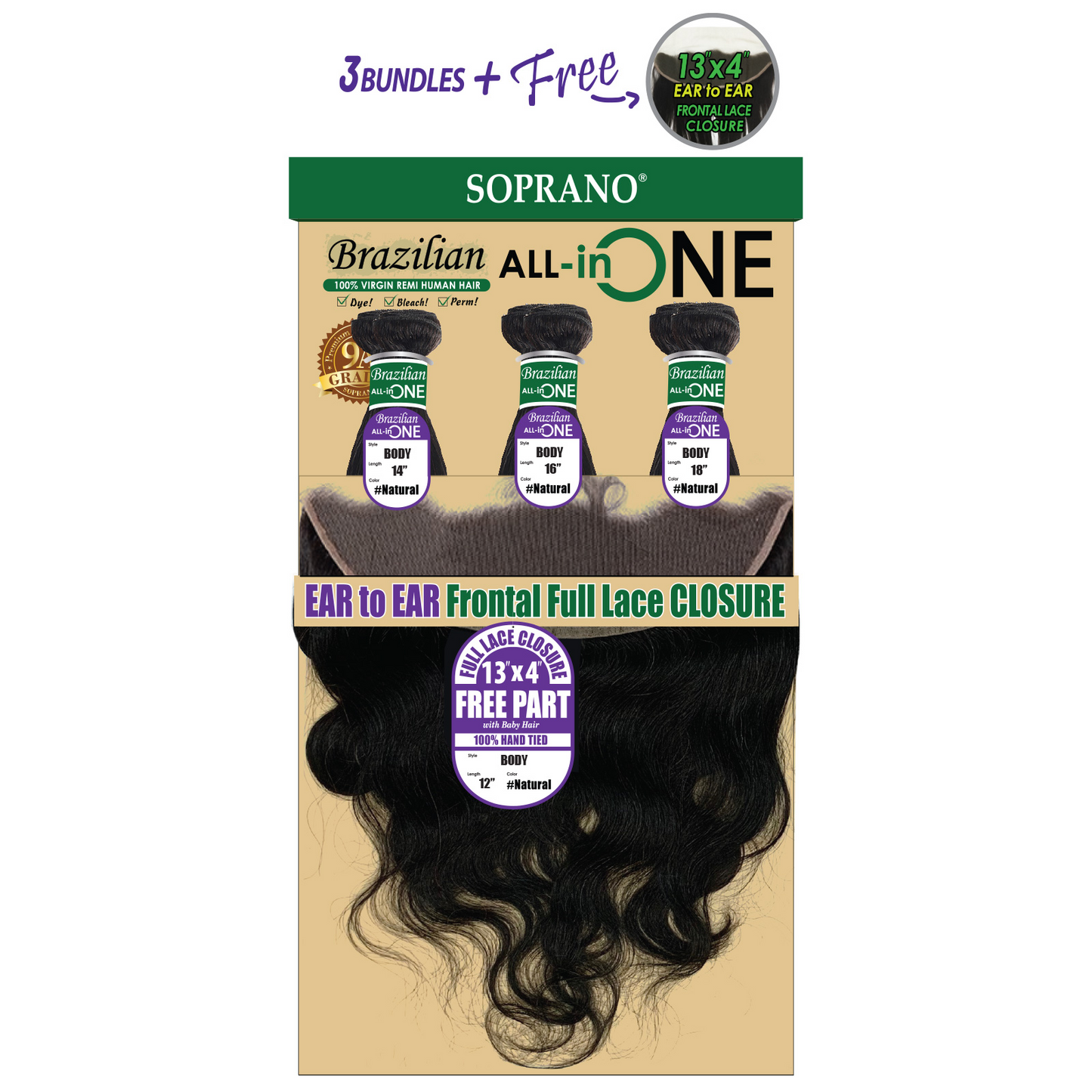 SOPRANO HH Brazilian (9A)   (Ear to Ear) ALL in ONE “BODY” NATURAL 10"12"14"
