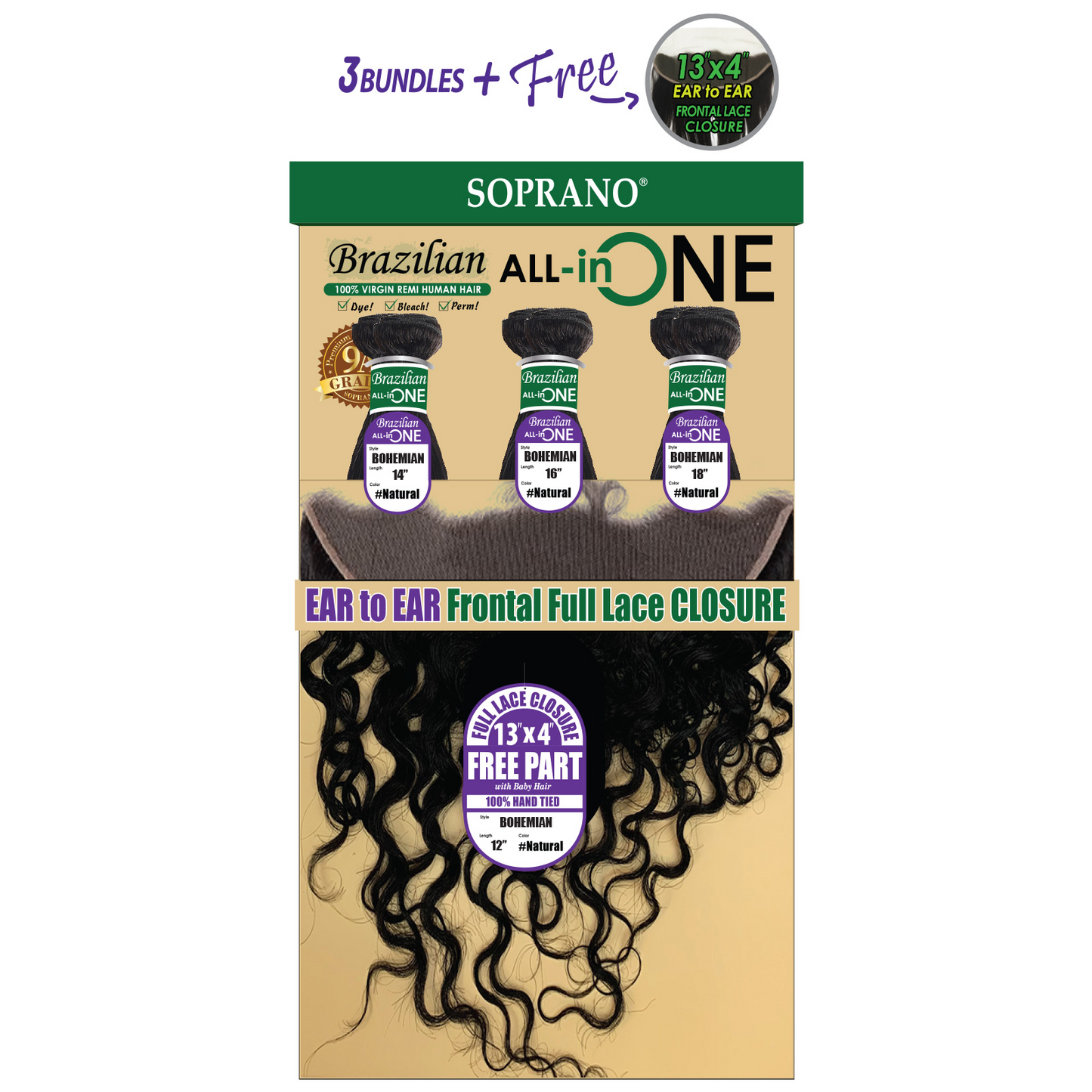 SOPRANO HH Brazilian  (9A)  (Ear to Ear) ALL in ONE “BOHEMIAN” NATURAL 10"12"14"