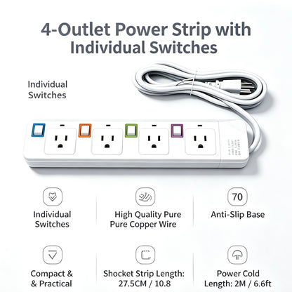 4-Outlet Power Strip with Independent Switches, 2M (6.6FT) Pure Copper Extension Cord
