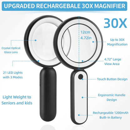 30X Handheld Magnifier with 3 Color Lights Modes