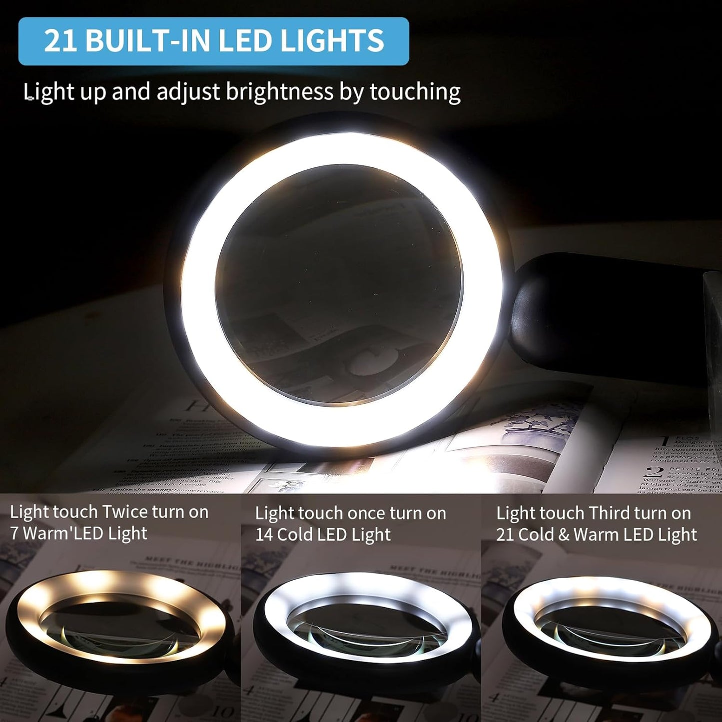 30X Handheld Magnifier with 3 Color Lights Modes