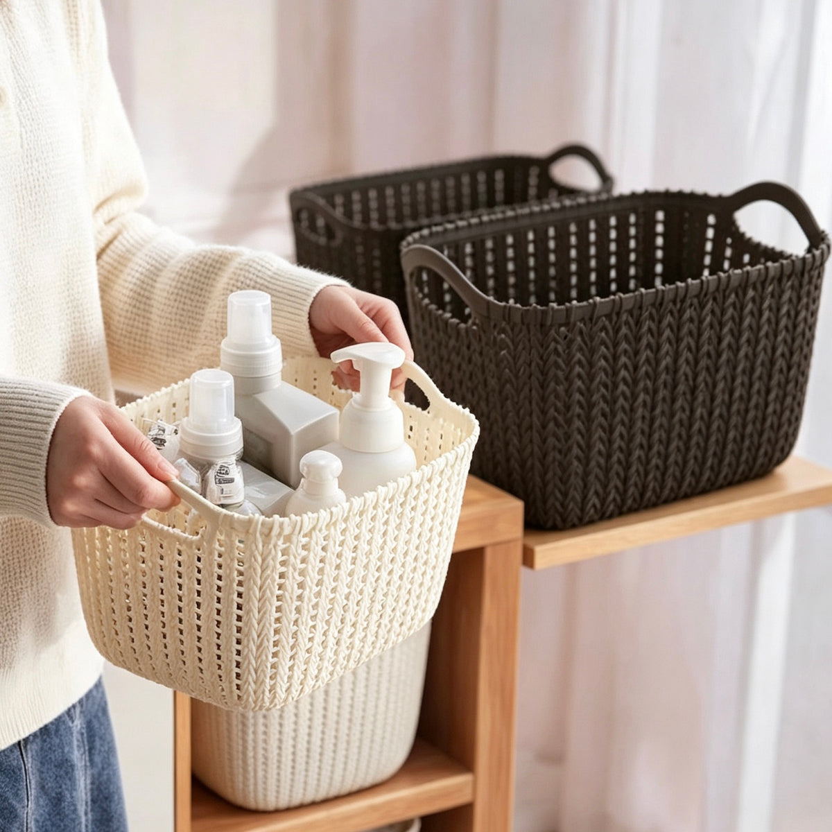 Stylish Imitation Rattan Woven Storage Basket with Handles, Multi-Purpose Home Organizer