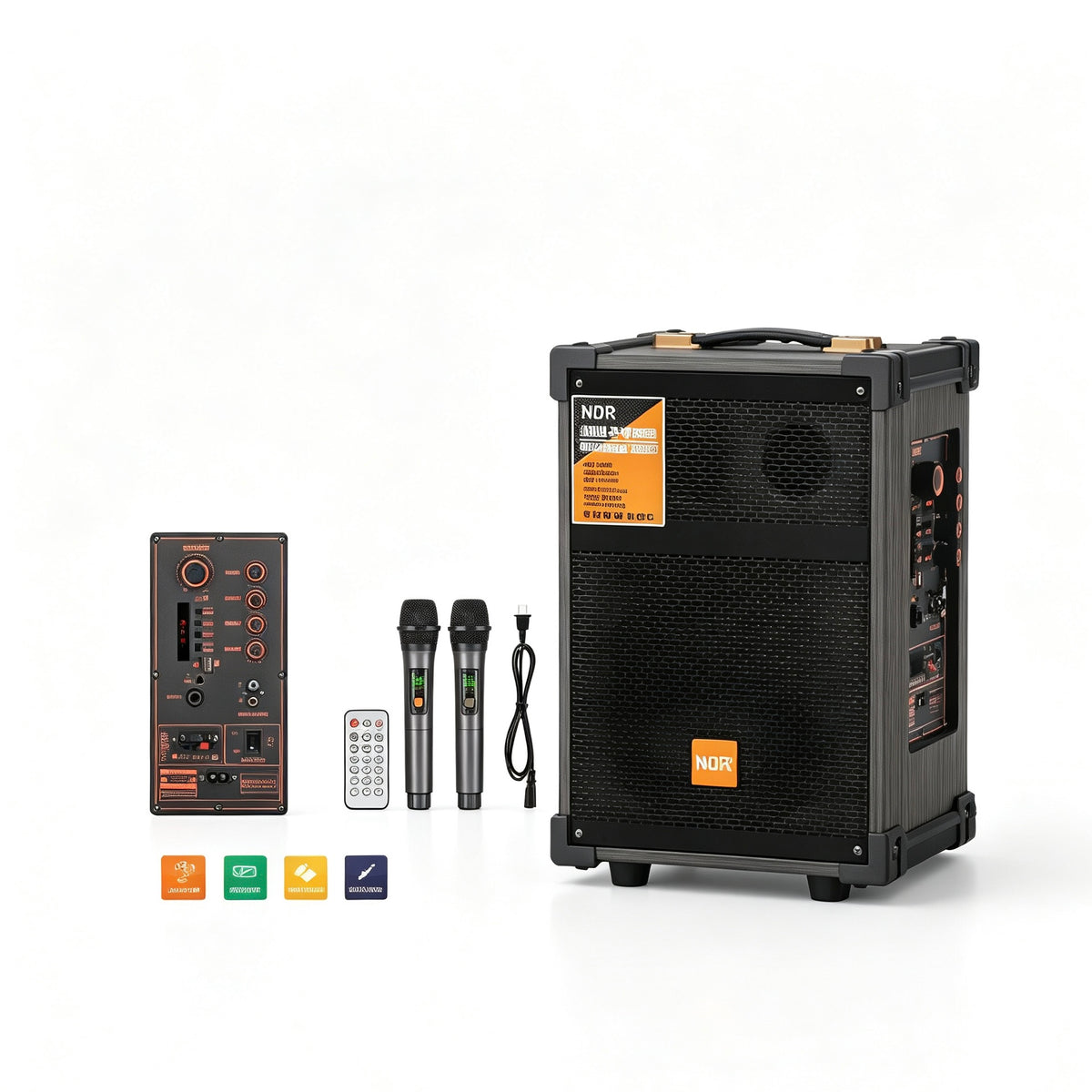NDR-C8 8 Inch Wooden Bluetooth Party Speaker, 2 Wireless Microphones & Remote Control, Outdoor Karaoke Speaker