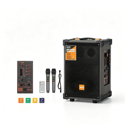 NDR-C8 8 Inch Wooden Bluetooth Party Speaker, 2 Wireless Microphones & Remote Control, Outdoor Karaoke Speaker