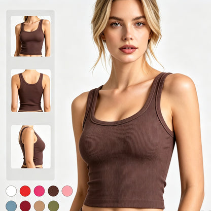 Ribbed Knit U-Neck Sleeveless Crop Tank Top