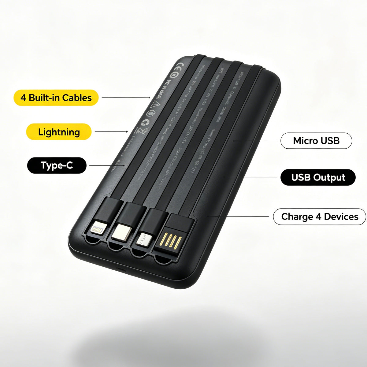 KLGO KP-37 10000mAh Power Bank, Built-in 4 Cables Digital Display Portable Charger for iPhone, Android, Tablets