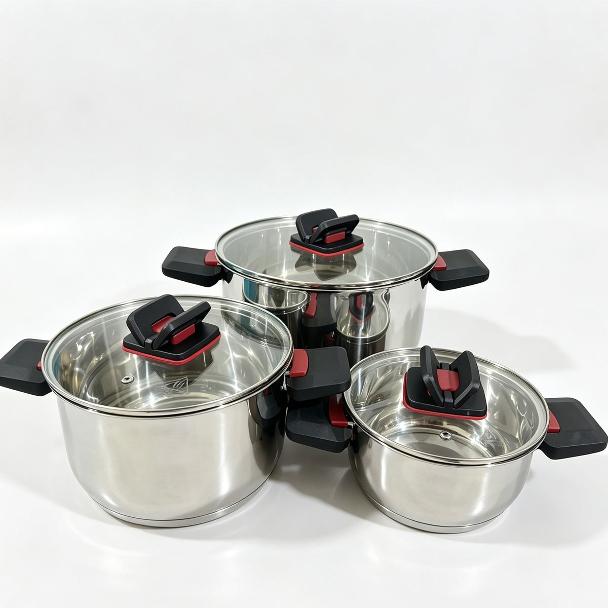 Winning Star 6-Piece High Quality Stainless Steel Cookware Set with Foldable Handle & Glass Lids, 1.4L / 3.4L / 6.5L Stock Pots