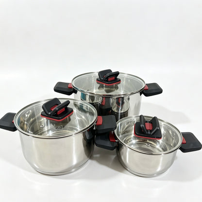 Winning Star 6-Piece High Quality Stainless Steel Cookware Set with Foldable Handle & Glass Lids, 1.4L / 3.4L / 6.5L Stock Pots