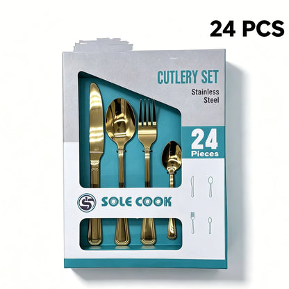 24Pcs Gold Stainless Steel Cutlery Set, Luxury Tableware Gift Set, Knife Fork Spoon for 6 People