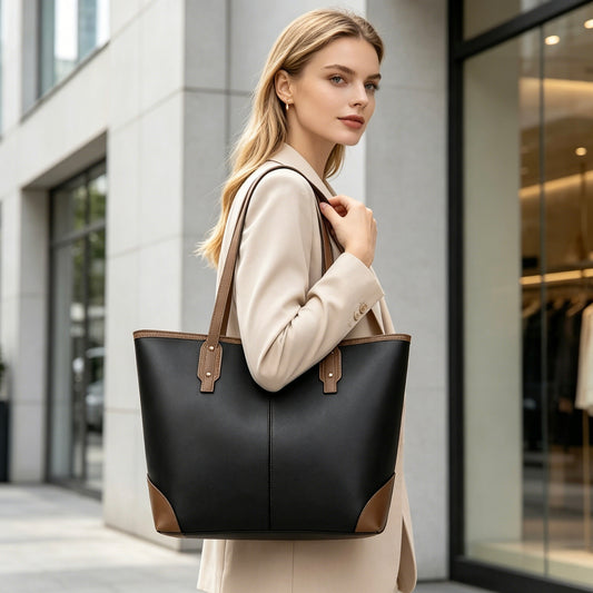 Color Block Faux Leather Women's Tote Bag, Large Capacity Shoulder Handbag, Size 41×14×31CM, Casual Daily Commuter Bag