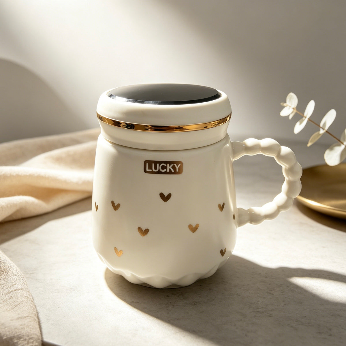 Lucky Heart Ceramic Mug with Mirror Lid, Beaded Wave Handle