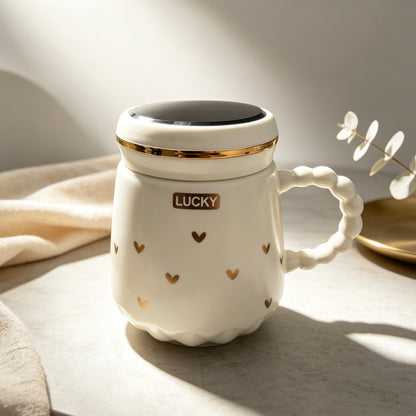 Lucky Heart Ceramic Mug with Mirror Lid, Beaded Wave Handle