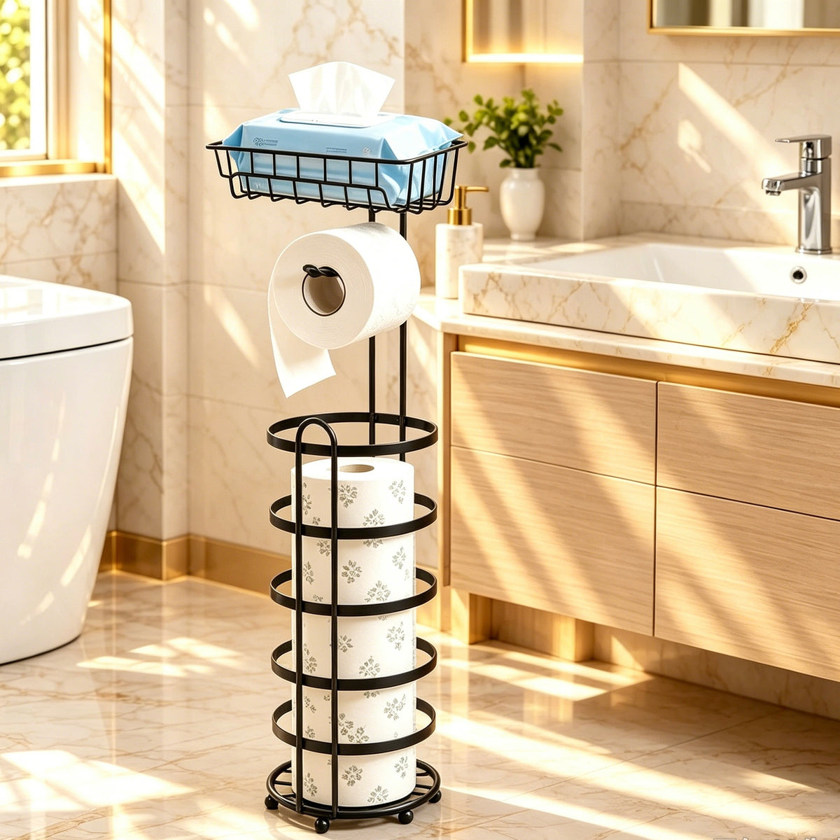 Freestanding Toilet Paper Holder, Bathroom Tissue Storage Rack with Top Storage Basket, Height 64cm