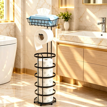 Freestanding Toilet Paper Holder, Bathroom Tissue Storage Rack with Top Storage Basket, Height 64cm
