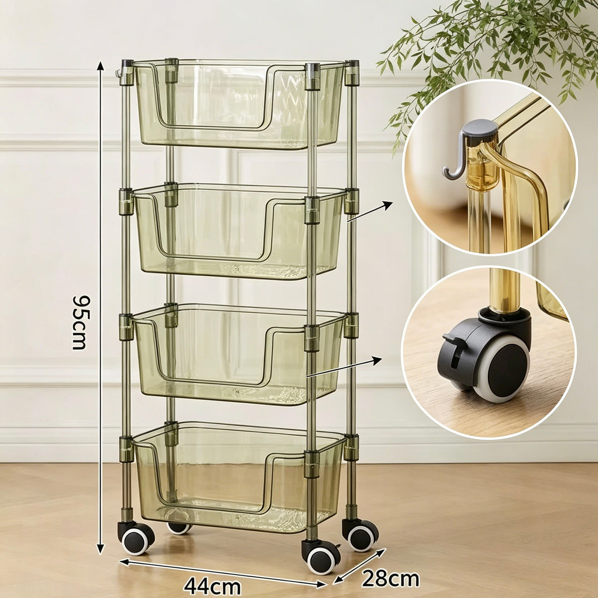 4-Tier Acrylic Transparent Rolling Storage Cart, Multi-layer Mobile Organizer Shelf, Home Bedside & Cosmetic Storage Rack with Hooks & Casters, 44×28×95cm