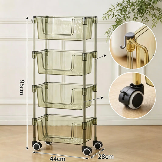 4-Tier Acrylic Transparent Rolling Storage Cart, Multi-layer Mobile Organizer Shelf, Home Bedside & Cosmetic Storage Rack with Hooks & Casters, 44×28×95cm