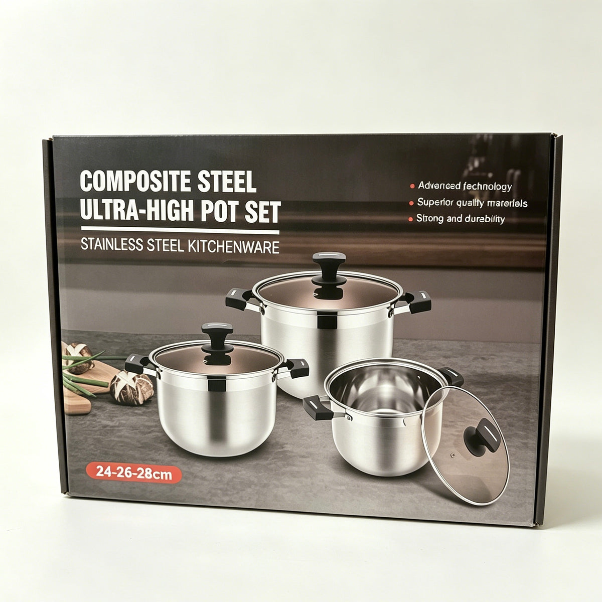 Composite Steel Ultra-High Stainless Steel Pot Set 3pcs, 24/26/28cm, Glass Lid Stock Pot Cookware Set