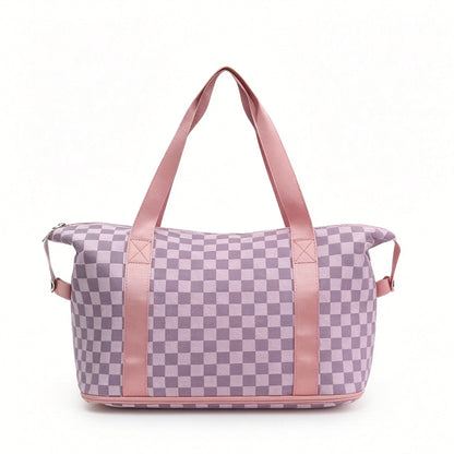 Checkered Expandable Travel Duffle Bag, Wet Dry Separation Weekender Tote Bag