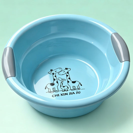 Light Blue Thickened PP Plastic Wash Basin with Dual Handles, 36cm × 16cm, 10L Capacity Cute Giraffe Print Household Bowl