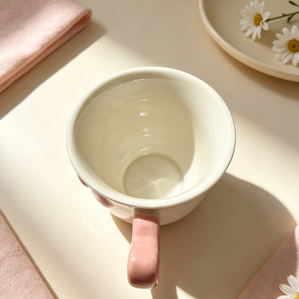 Cute 3D Bow Ceramic Mug, Pearl Glaze Cup with Pink Heart Handle