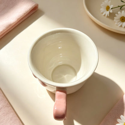 Cute 3D Bow Ceramic Mug, Pearl Glaze Cup with Pink Heart Handle