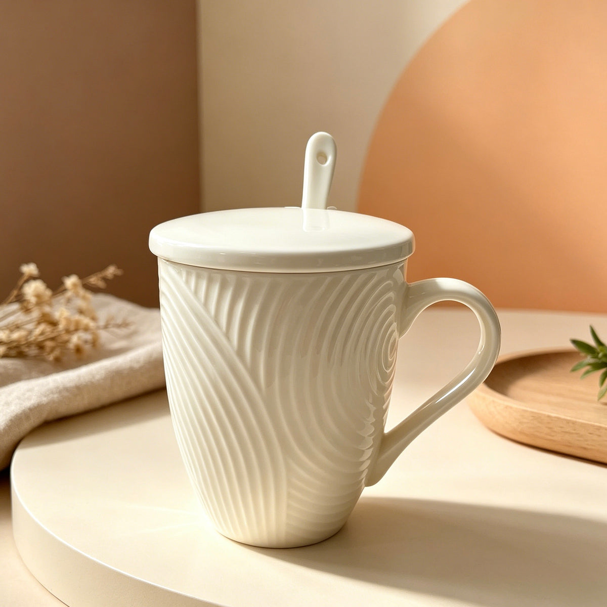 Cream White Embossed Ceramic Mug Set with Lid & Spoon