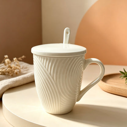 Cream White Embossed Ceramic Mug Set with Lid & Spoon