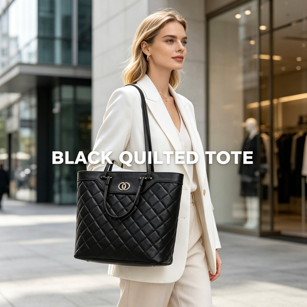 Quilted Faux Leather Women's Tote Bag, Large Capacity Shoulder Handbag, Size 34×30×13CM, Metal Logo Decor Commuter Bag