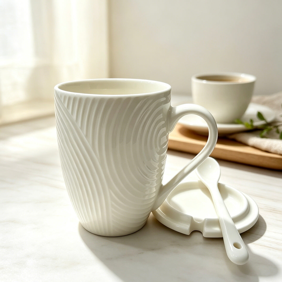 Cream White Embossed Ceramic Mug Set with Lid & Spoon