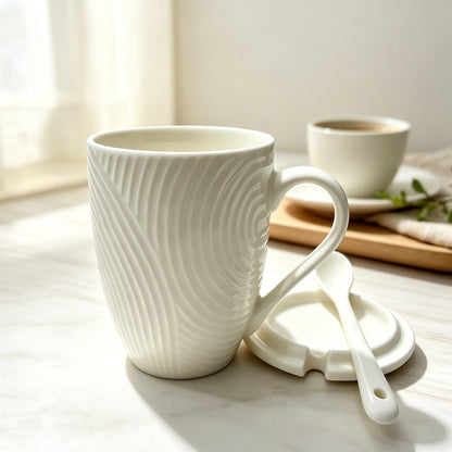 Cream White Embossed Ceramic Mug Set with Lid & Spoon