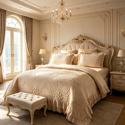 Thick Weight Elegant Lace Ruffle Quilted Bedspread Set, Queen Size 3PCS, Floral Embossed Pattern,  Random Color Delivery ，Not Thin Style XY‑5Q