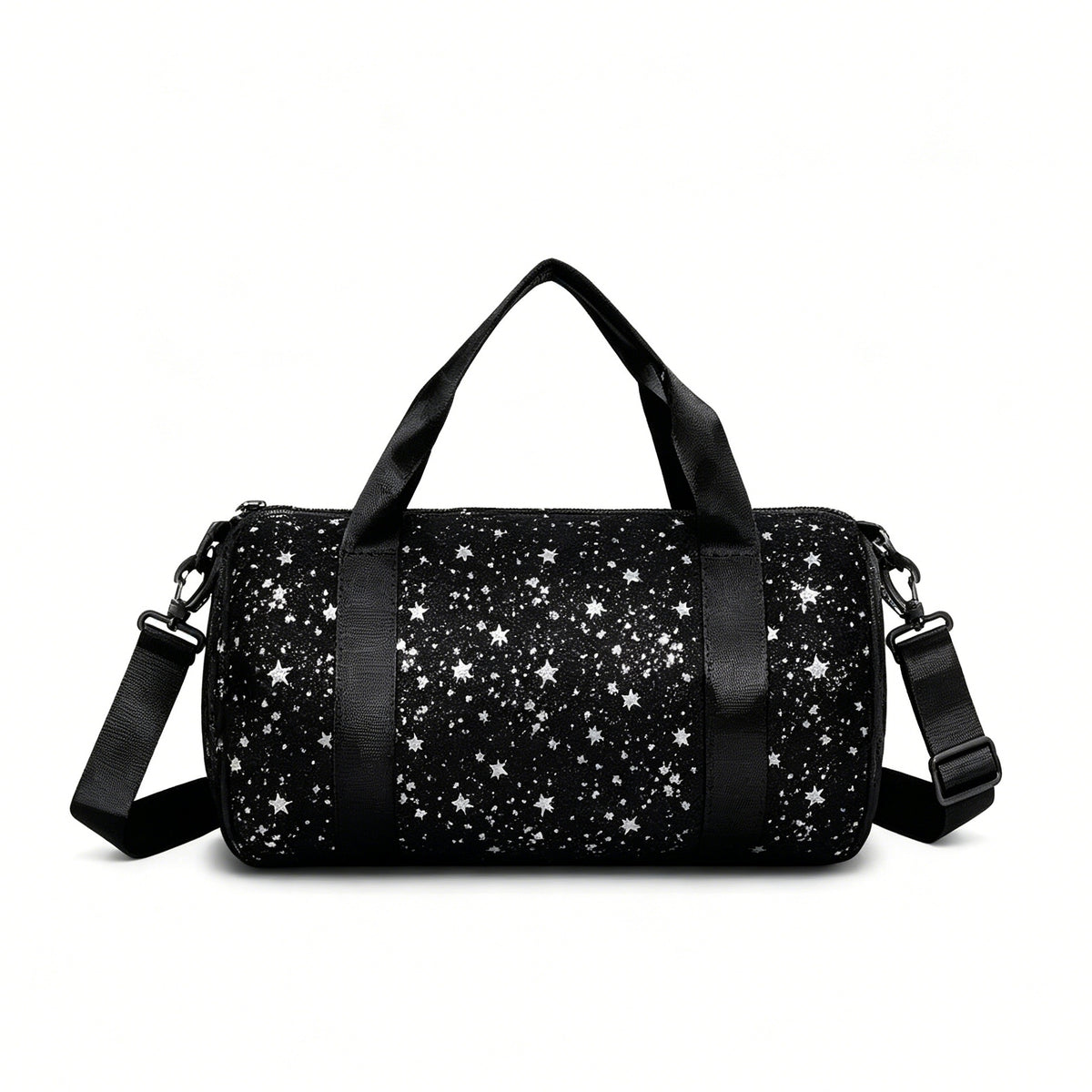 Glitter Star Print Barrel Duffle Bag, Sparkly Gym Sports Handbag with Detachable Adjustable Shoulder Strap