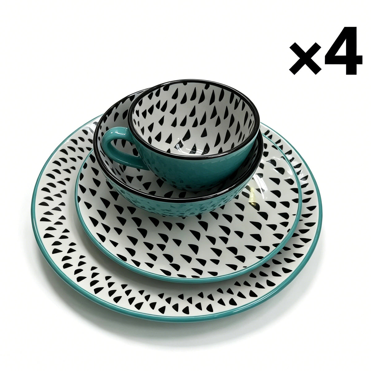16 Pcs Ceramic Dinnerware Set, Teal Green with Black Triangle Pattern, 4 Complete Place Settings, Plates Bowls Mugs for Home Kitchen