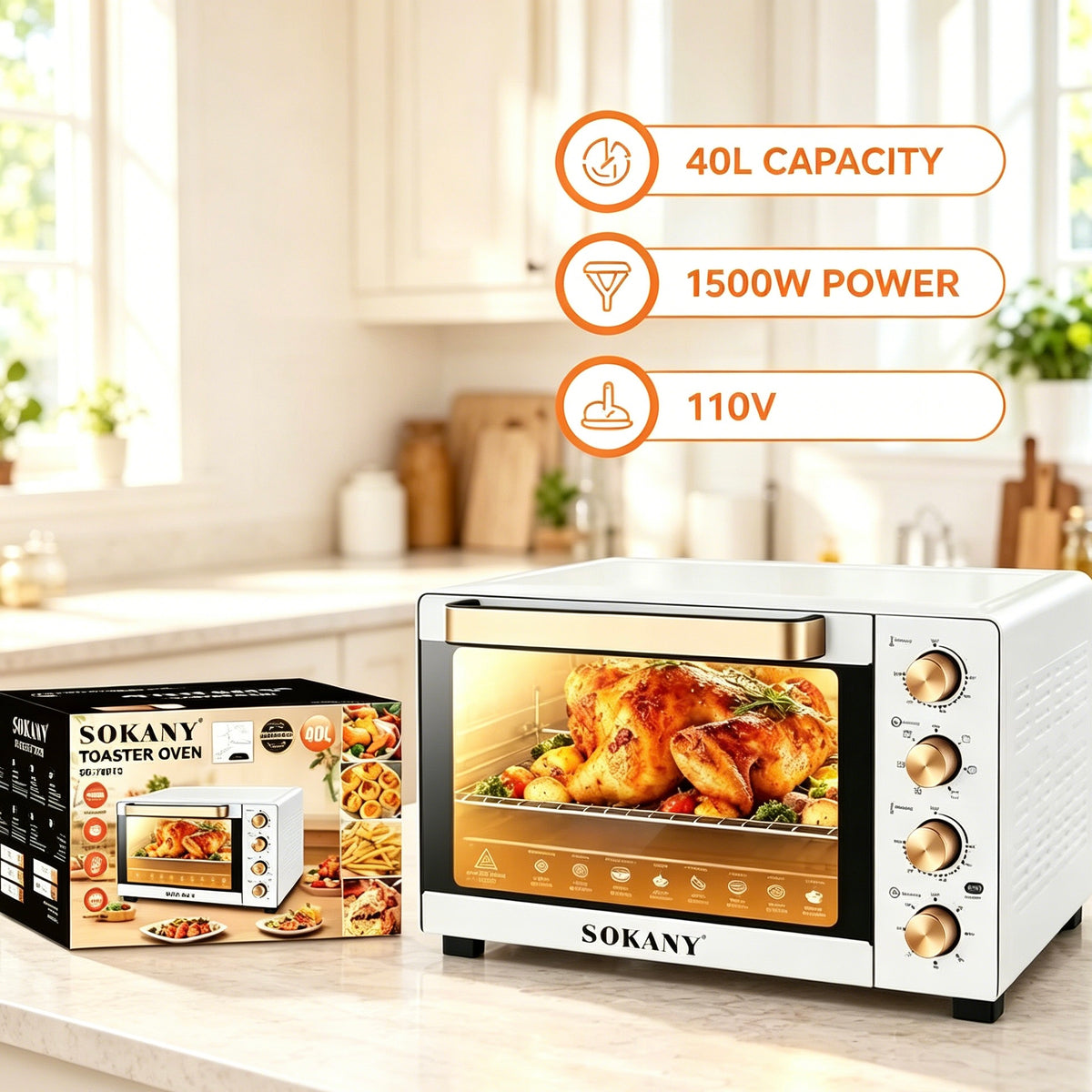 SOKANY 40L Toaster Oven, 1500W 110V Multi-function Countertop Oven for Baking, Roasting & Toasting