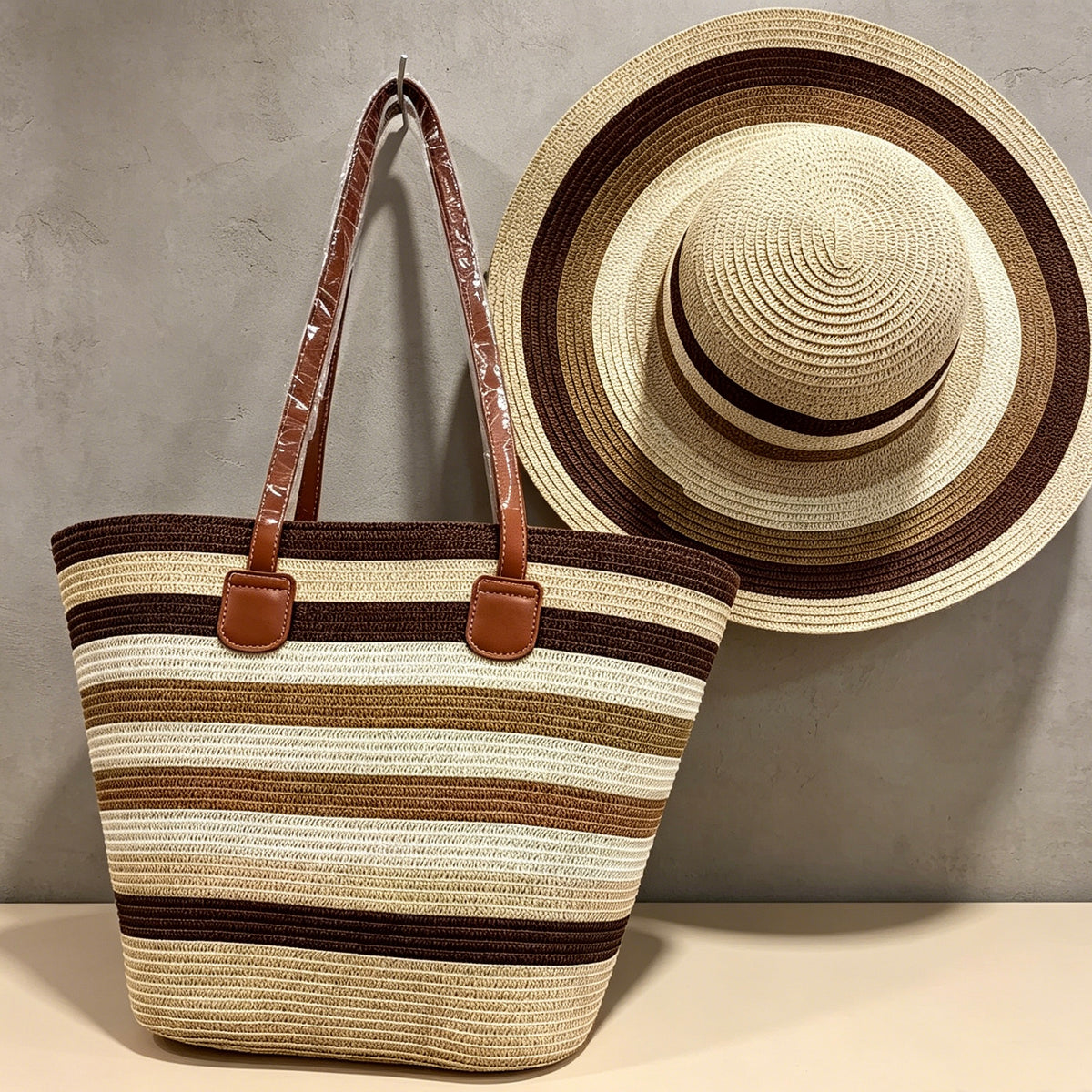 Women Striped Straw Tote Bag & Wide Brim Sun Hat 2Pcs Set, Versatile Beach & Daily Commute Woven Bag and Hat Set