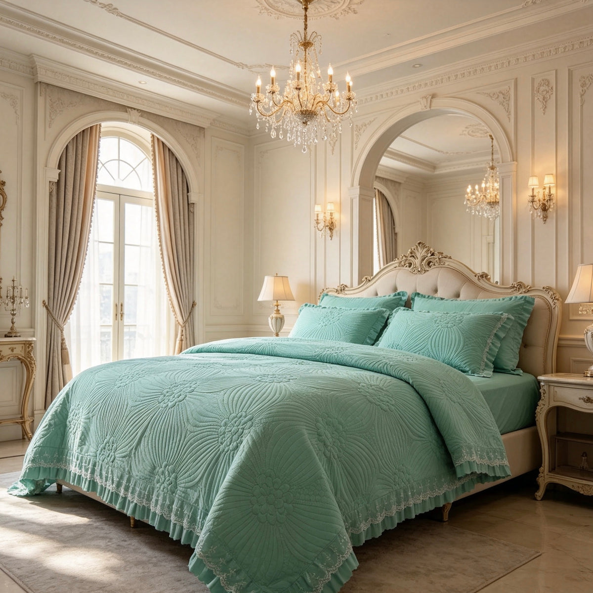 Thick Weight Elegant Lace Ruffle Quilted Bedspread Set, Queen Size 3PCS, Floral Embossed Pattern,  Random Color Delivery ，Not Thin Style XY‑5Q
