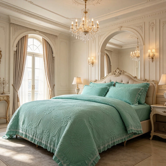 Thick Weight Elegant Lace Ruffle Quilted Bedspread Set, Queen Size 3PCS, Floral Embossed Pattern,  Random Color Delivery ，Not Thin Style .