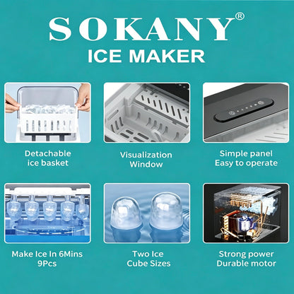 SOKANY Portable Countertop Ice Maker Machine, 9 Ice Cubes Ready in 6 Mins, 2 Ice Cube Sizes, 26Lbs Ice Daily, 112W for Home, Bar & Milk Tea Shop